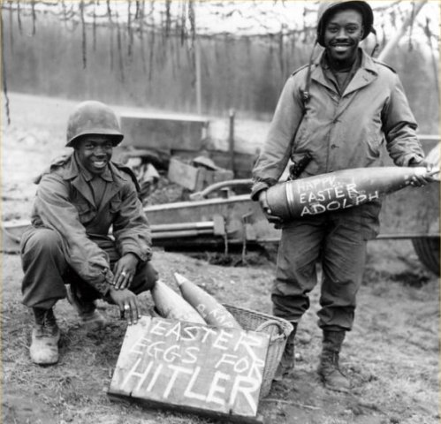 "Easter morning, T/5 William E. Thomas...and Pfc. Joseph Jackson...will roll specially prepared eggs on Hitler's lawn." March 10, 1945. 