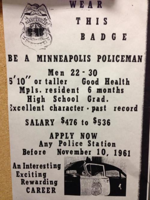 Minneapolis police recruitment poster from 1961.