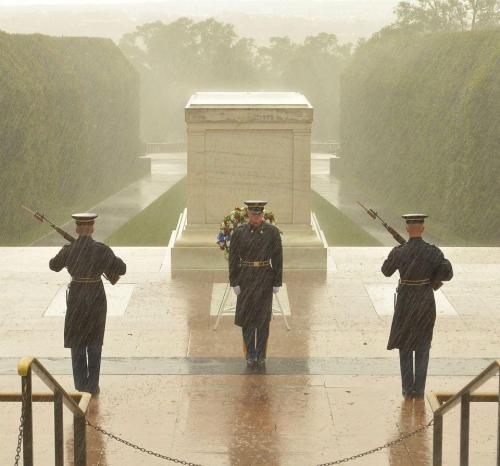 Even a hurricane won't keep the honor guard from the Tomb of the Unknown Soldier in VA this morning.